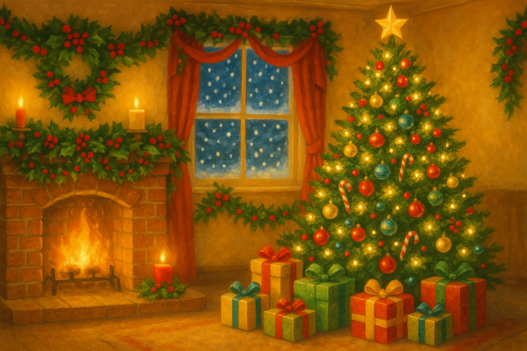 ein geschmückter Tannenbaum mit lampen ,kleine bunte geschenke stehen vor dem tannebaum, im kamin brennt ein feuer, un der raum ist Weihnachtlich geschmückt