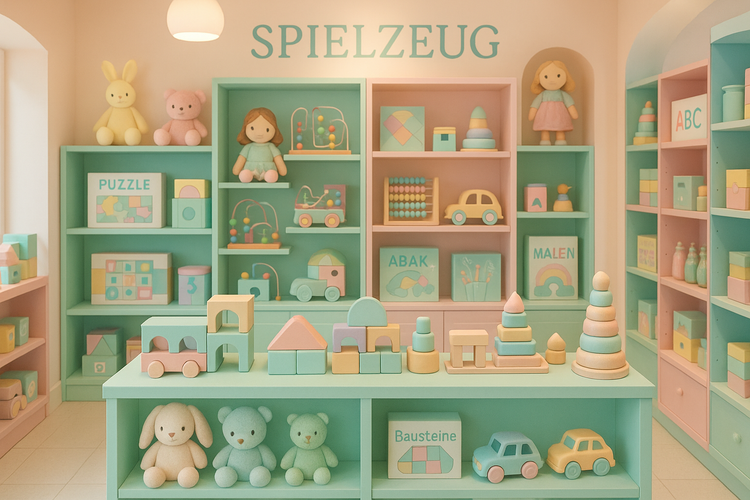 Spielzeugladen mit bunten Holzbausteinen, Puppen, Autos und Kuscheltieren in Pastellfarben