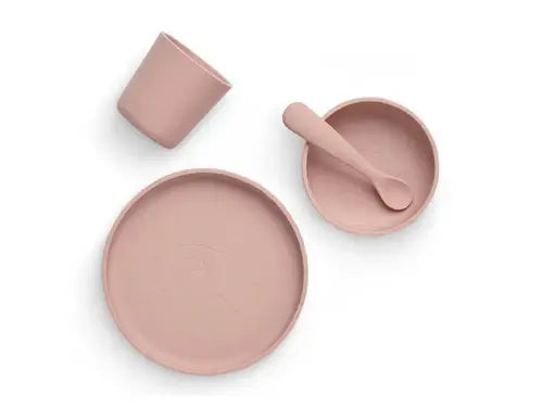 Kindergeschirr-Set aus Silikon in Pale Pink – Teller, Schüssel, Becher und Löffel in moderner Pastellfarbe