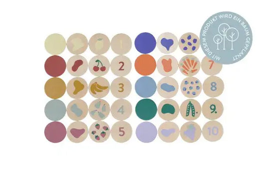 Detailaufnahme der bunten und ansprechenden Karten des Memo Spiels zum Mitwachsen, die für Kinder einfach zu handhaben sind.