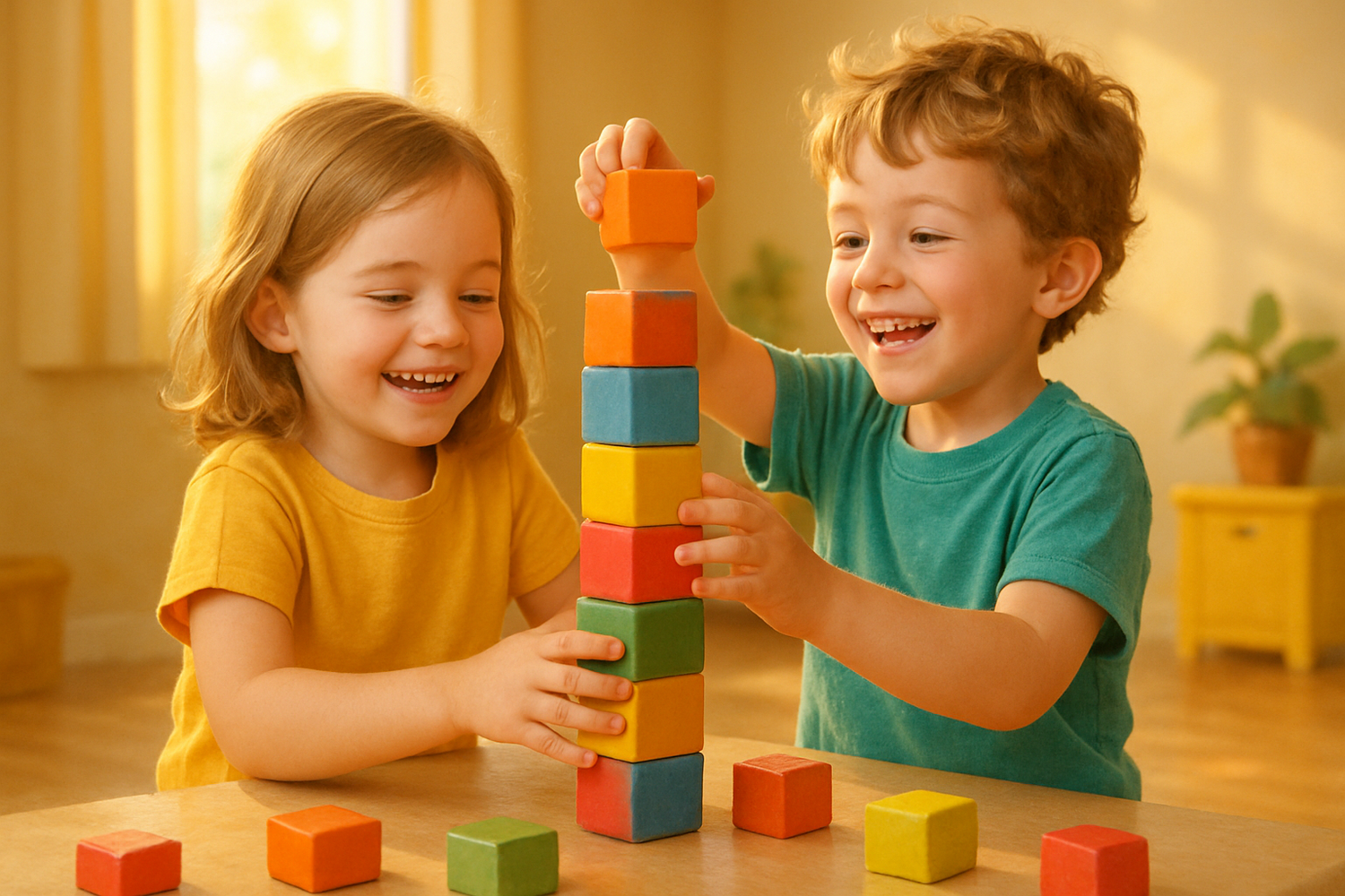 Hell und freundlich , 2 kinder stapeln einen turm
