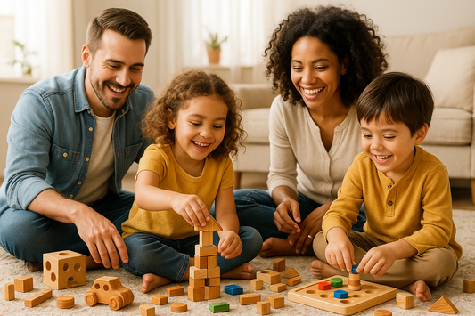 Vater, Mutter spielen mit Holzspielzeug mit ihrer Tochter und ihrem Sohn, im Wohnzimmer. Hintergrund Hell und freundlich