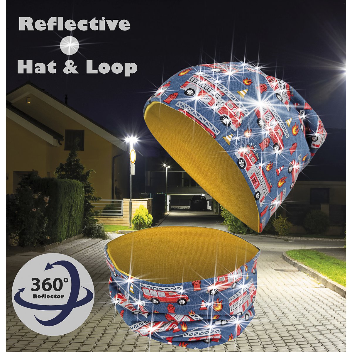 Kinder 360° Reflektor Beanie & Loop – Feuerwehr