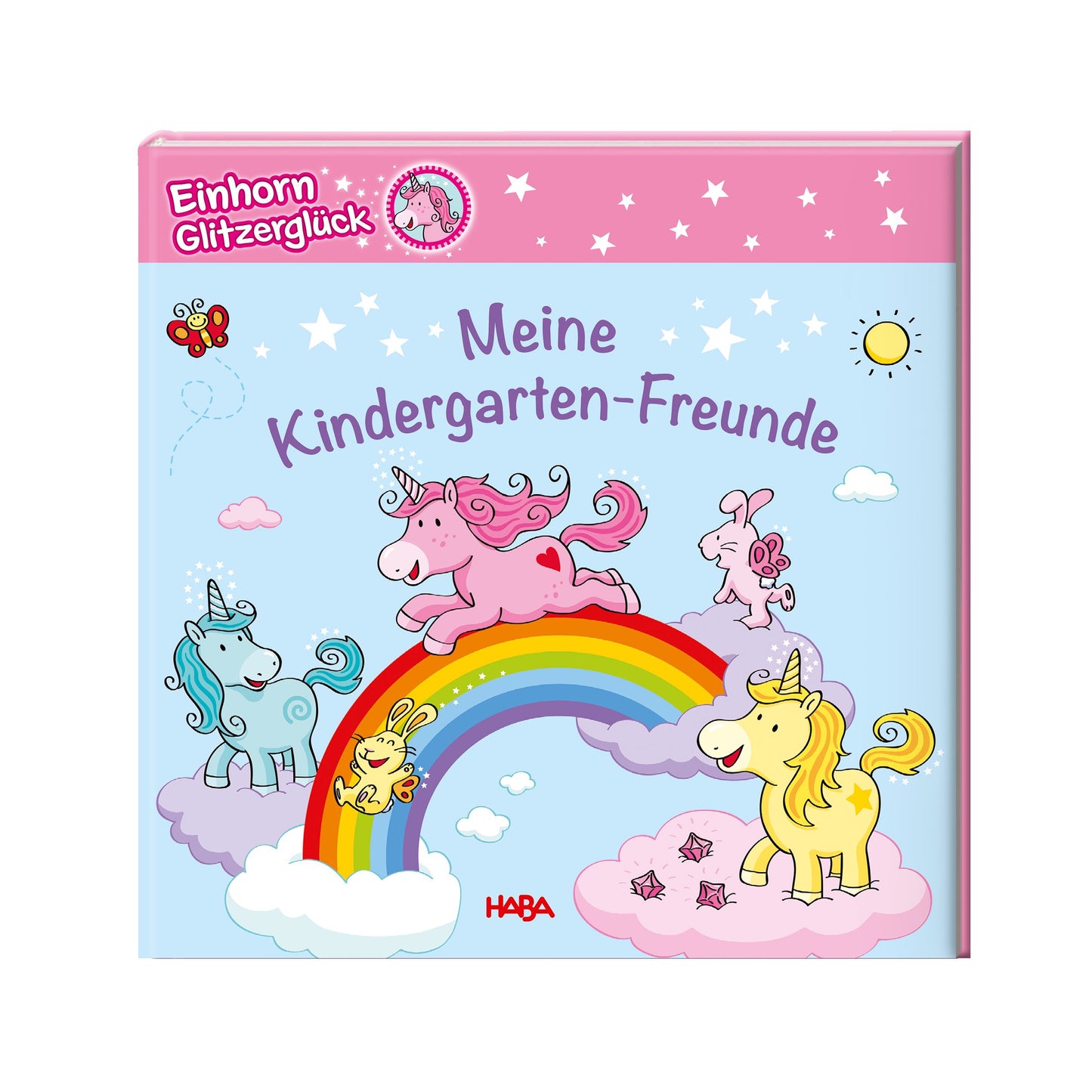 Freundebuch ‚Meine Kindergarten Freunde – Einhorn Glitzerglück‘ mit glitzerndem Einhorn-Cover.