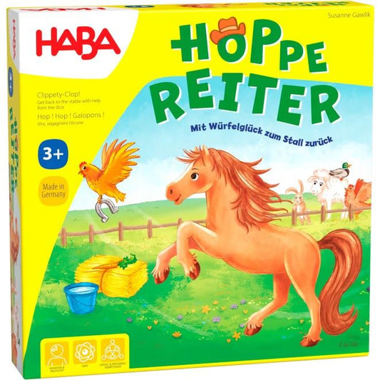 Vorderseite der Verpackung des Spiels ‚Hoppe Reiter‘ mit bunten Illustrationen und Spieltitel.