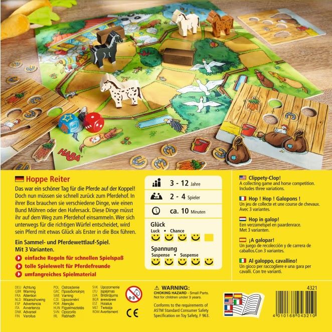 Rückseite der Verpackung des Spiels ‚Hoppe Reiter‘ mit Spielbeschreibung, Illustrationen und Produktinformationen.