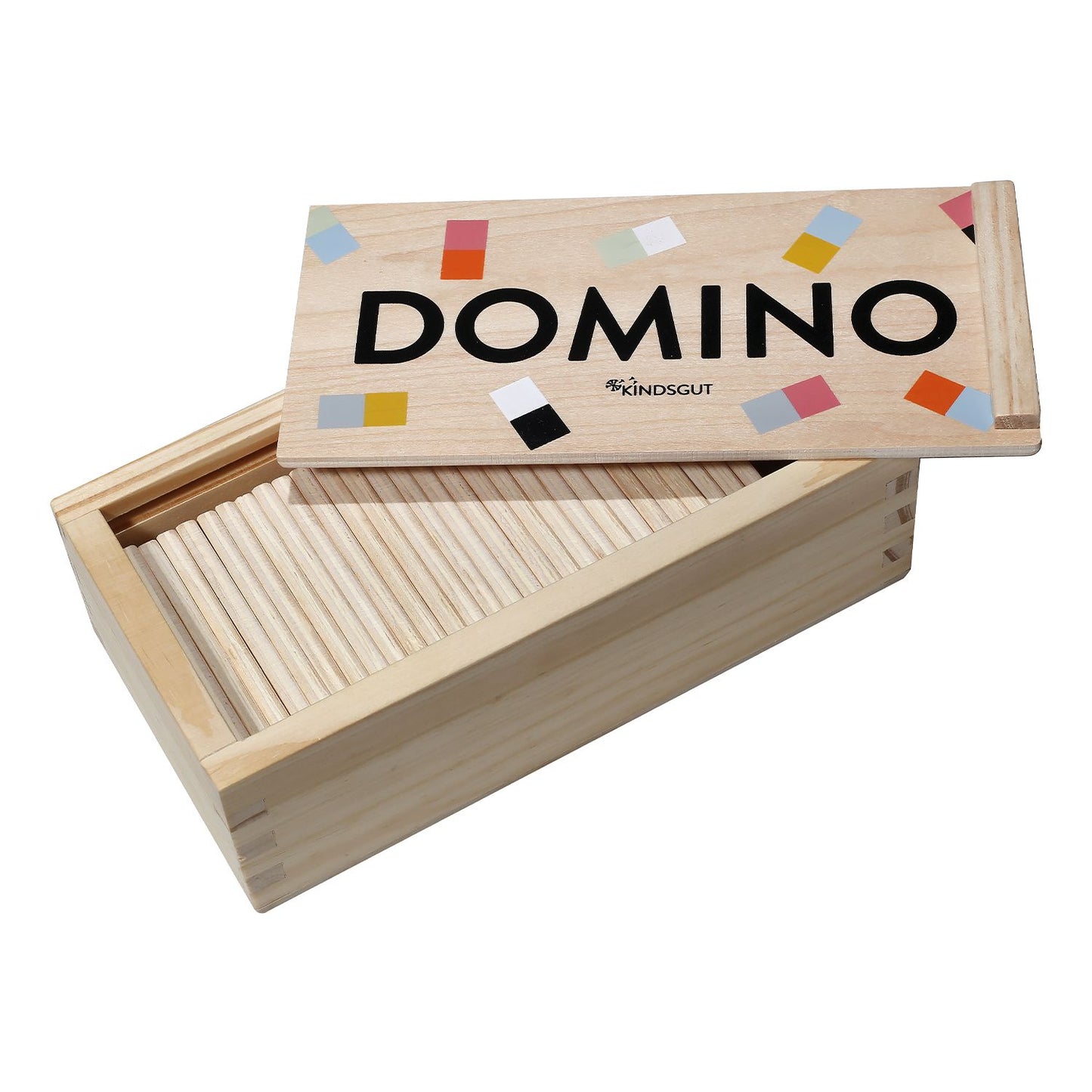 Domino-Tier-Spiel in einer Holzschatulle, auf weißem Hintergrund.