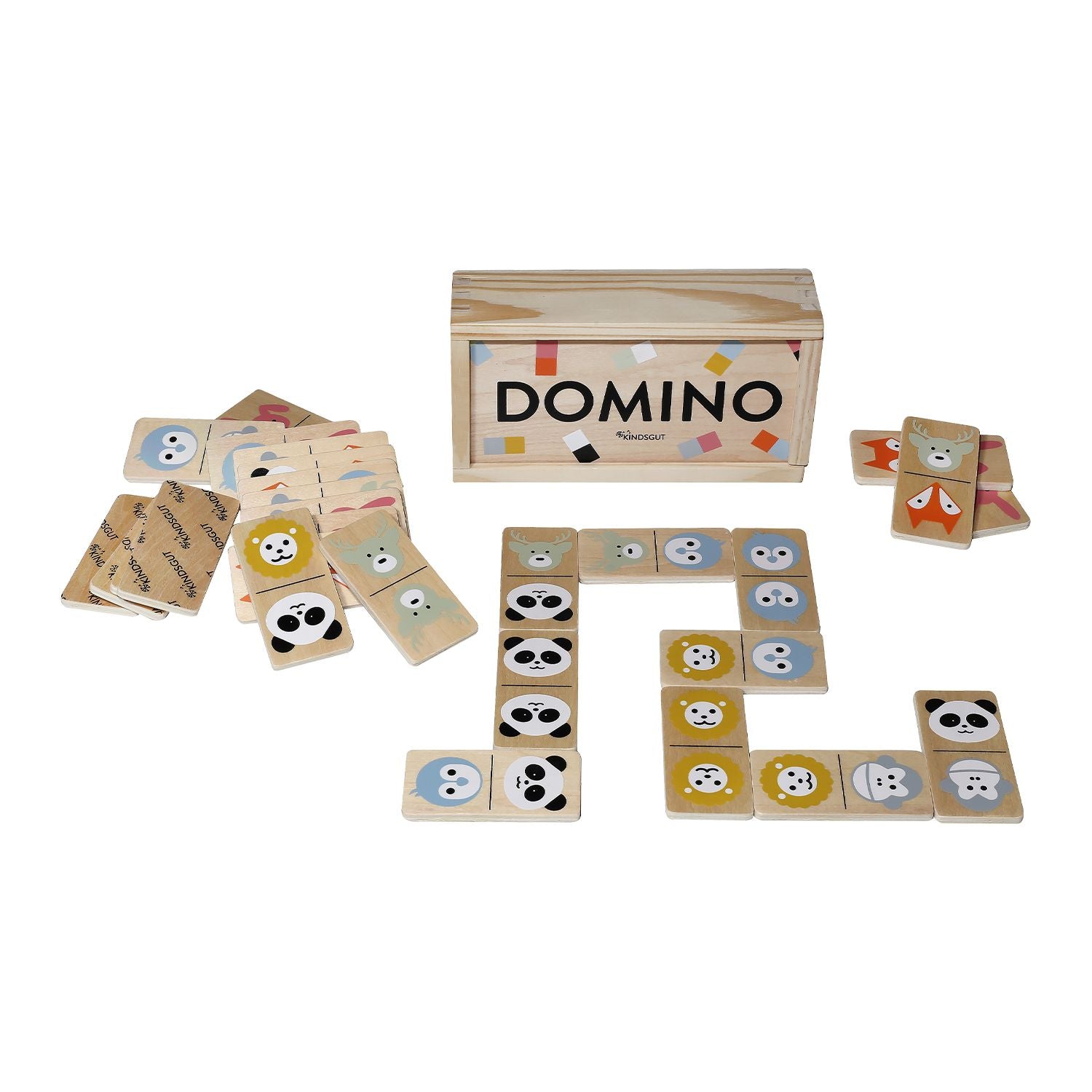 Aufgebautes Domino-Tier-Spiel auf einem weißen Hintergrund, in einer anderen Anordnung.