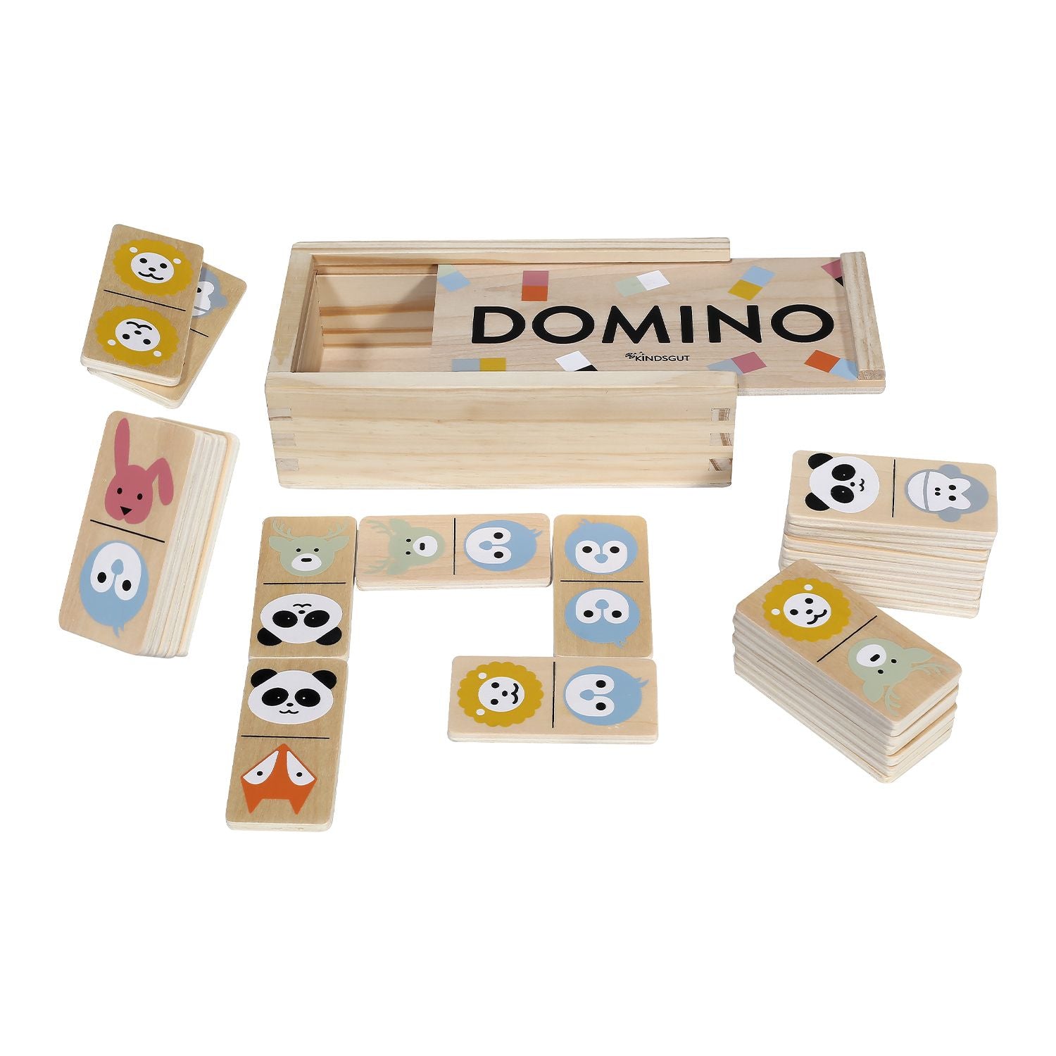 Aufgebautes Domino-Tier-Spiel auf einem weißen Hintergrund.