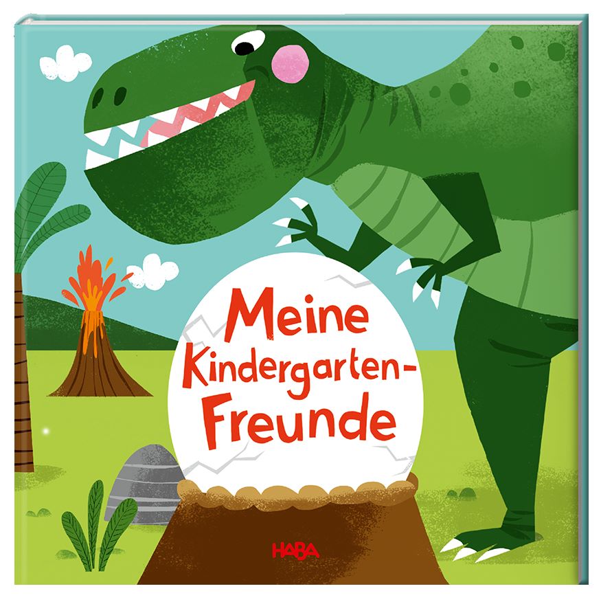 Kinderbuch "Meine Kindergarten-Freunde – Dinos" mit einem freundlichen T-Rex und Dino-Motiven von HABA.