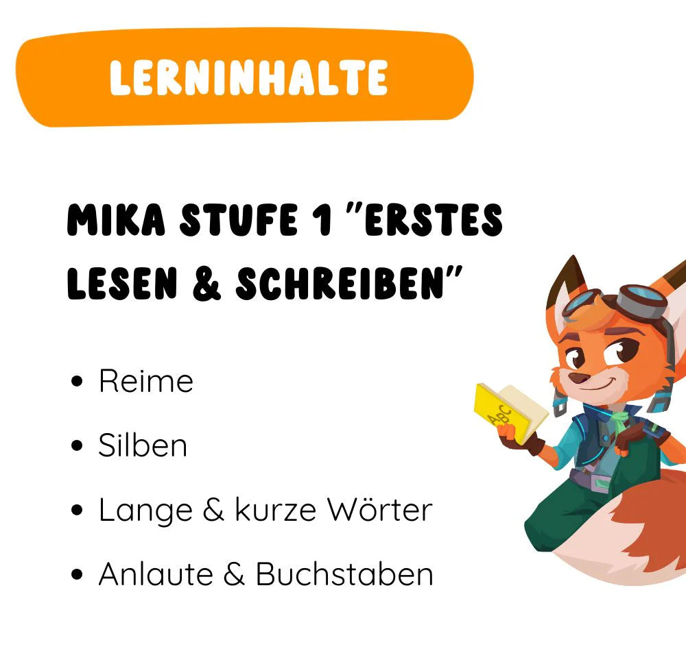 Mika - Erstes Lesen & Schreiben“ Stufe 1: Die interaktive Lernfigur für Kinder, die das Erlernen der ersten Buchstaben und Wörter mit der App auf spielerische Weise unterstützt.