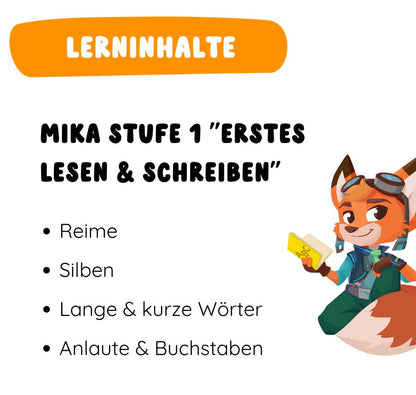 Mika - Erstes Lesen & Schreiben“ Stufe 1: Die interaktive Lernfigur für Kinder, die das Erlernen der ersten Buchstaben und Wörter mit der App auf spielerische Weise unterstützt.