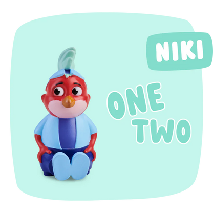 Figur von Niki "Erstes Englisch" steht neben  One und Two, zur Förderung der englischen Sprachkenntnisse.