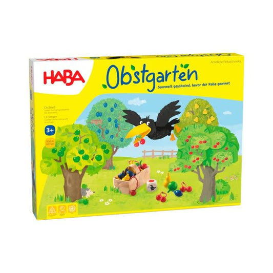 Verpackung des Spiels 'Obstgarten', auf der Vorderseite abgebildet ist das bunte Design mit Obstbäumen und Tieren.