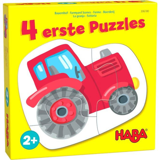 Vorderansicht der Verpackung des „4 ersten Puzzles“ mit kindgerechten, farbenfrohen Illustrationen und einem klaren Hinweis auf die vier Puzzlespiele.