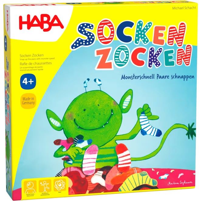 Verpackung von 'Socken Zocken' mit buntem, kinderfreundlichem Design und Abbildung des Spiels.