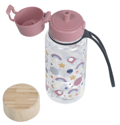Bunte Trinkflasche für Kinder im Weltraumdesign mit Raketen und Planeten, perfekt für den Alltag.