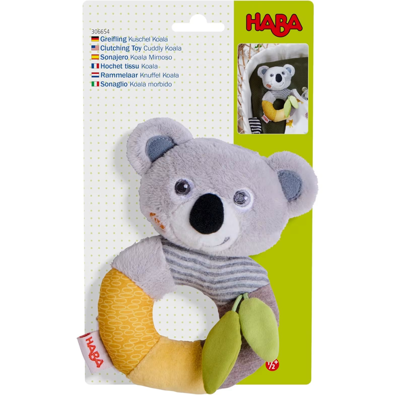 Verpackung des Greiflings „Kuschel Koala“, auf der die Details des Produkts sowie eine süße Darstellung des Koalas abgebildet sind.