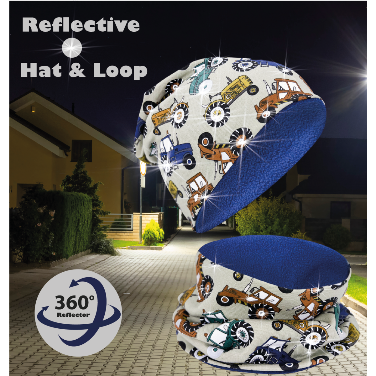 Kinder 360° Reflektor Beanie & Loop – Traktor