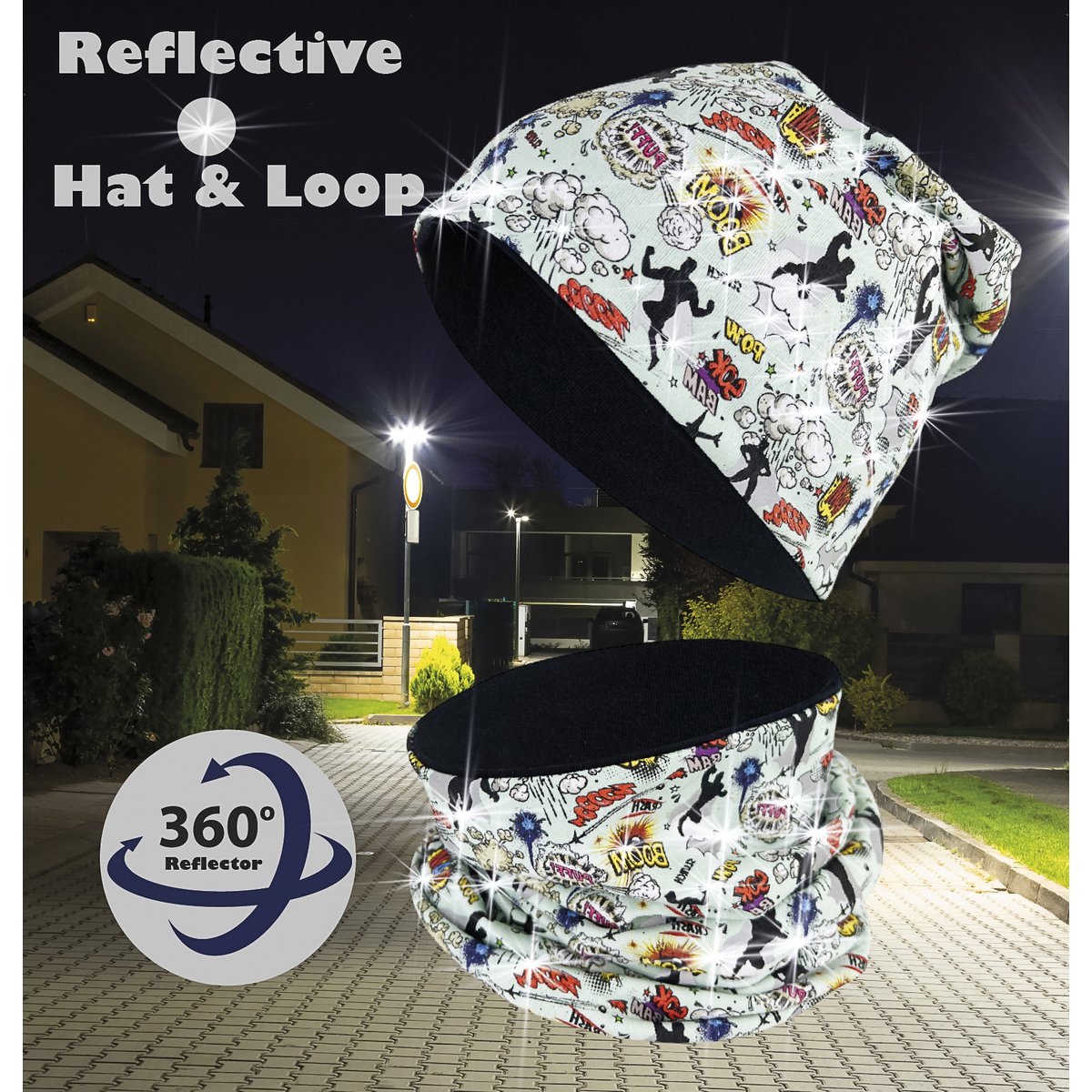 Kinder 360° Reflektor Mütze & Loop-Schal – Superheld