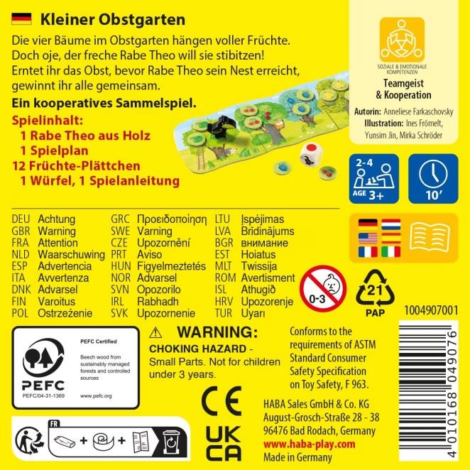 Rückseite der Verpackung des Spiels ‚Kleiner Obstgarten‘ mit Spielbeschreibung und weiteren Details.