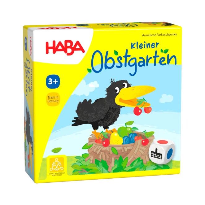 Vorderseite der Verpackung des Spiels ‚Kleiner Obstgarten‘ mit bunten Illustrationen und Spielinformationen.